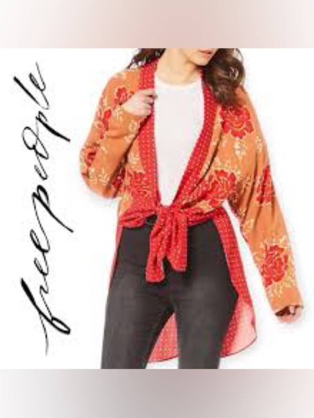 Free people Women's Orange Floral Tie-Front Kimono Top Large
